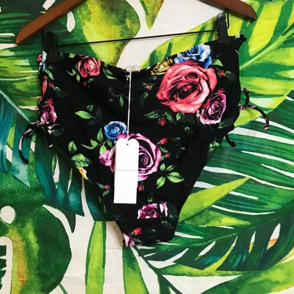 NWT $40 LYSA 0X Floral Black Side Tie Black Hipster Tummy Control Bikini Bottom